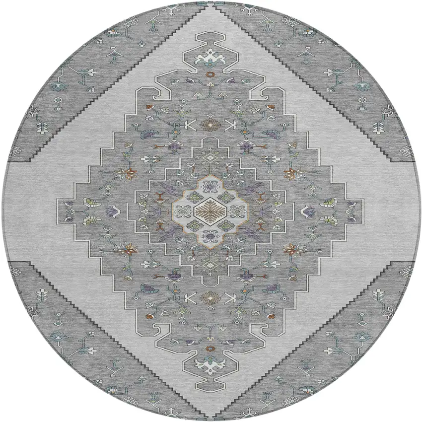 8' Gray And Silver Round Geometric Washable Indoor Outdoor Area Rug Photo 1