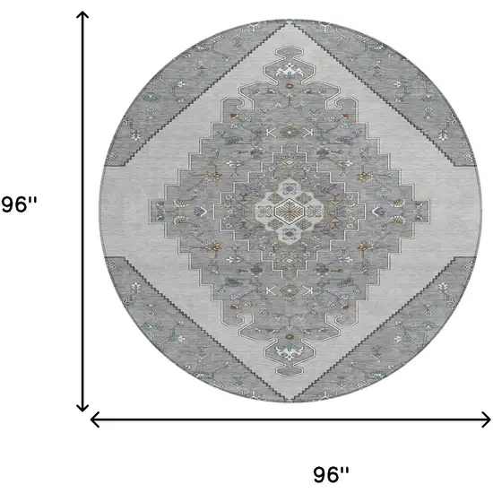 8' Gray And Silver Round Geometric Washable Indoor Outdoor Area Rug Photo 7