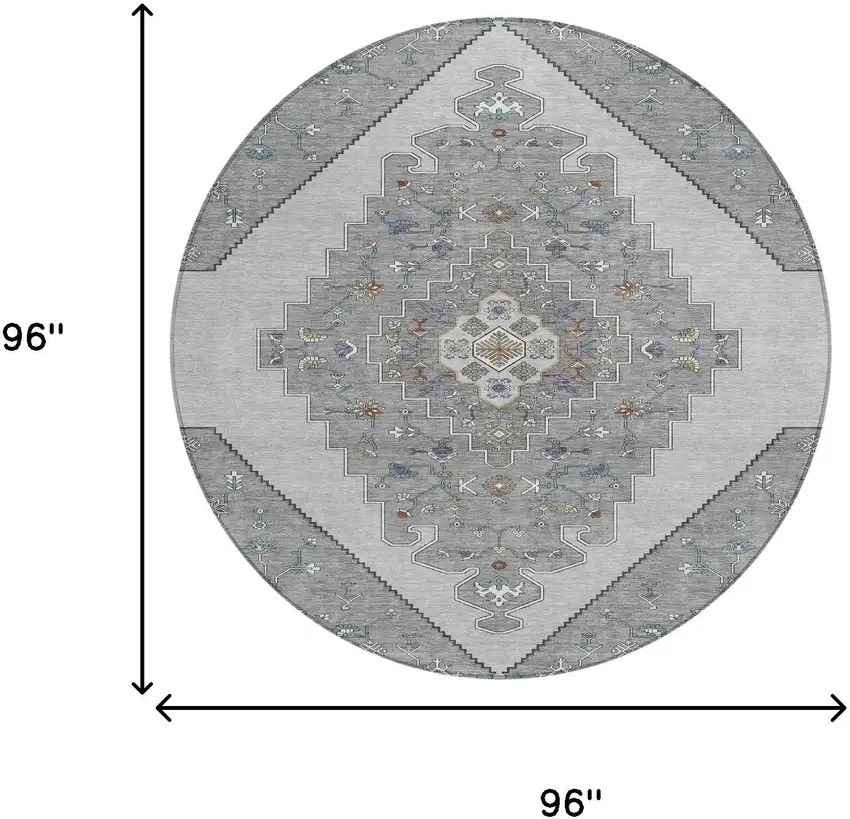 8' Gray And Silver Round Geometric Washable Indoor Outdoor Area Rug Photo 7