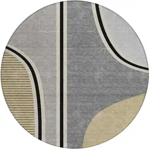 Photo of 8' Gray And Silver Round Geometric Washable Indoor Outdoor Area Rug