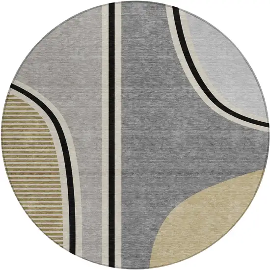 8' Gray And Silver Round Geometric Washable Indoor Outdoor Area Rug Photo 1