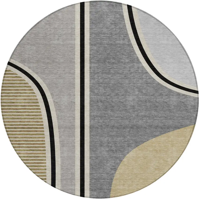 8' Gray And Silver Round Geometric Washable Indoor Outdoor Area Rug Photo 1