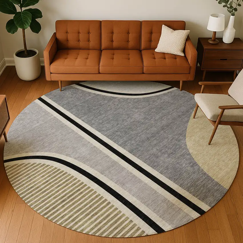 8' Gray And Silver Round Geometric Washable Indoor Outdoor Area Rug Photo 5
