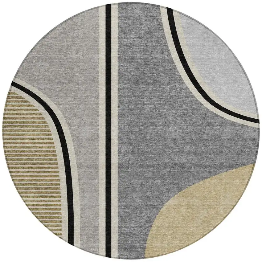 8' Gray And Silver Round Geometric Washable Indoor Outdoor Area Rug Photo 3