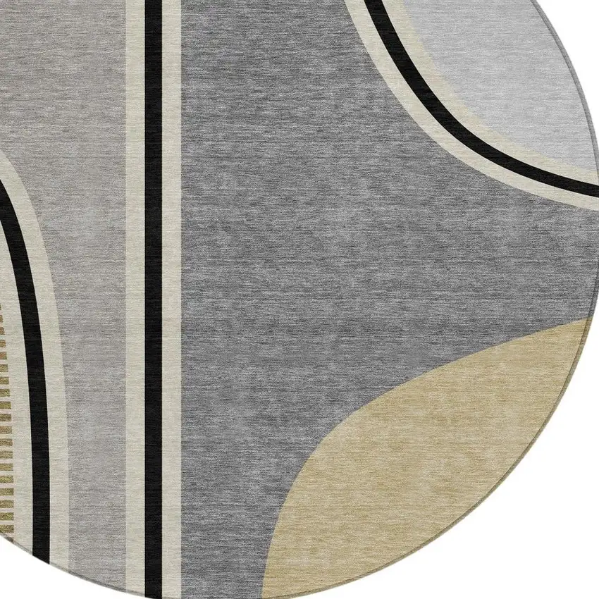 8' Gray And Silver Round Geometric Washable Indoor Outdoor Area Rug Photo 2