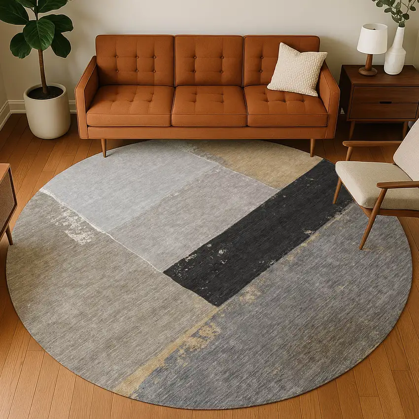 8' Gray And Silver Round Geometric Washable Indoor Outdoor Area Rug Photo 4