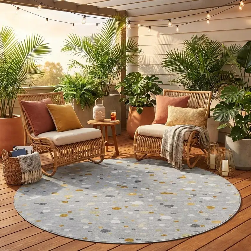 8' Gray And Silver Round Geometric Washable Indoor Outdoor Area Rug Photo 1