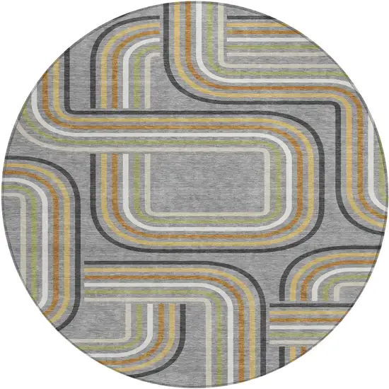 8' Gray And Silver Round Geometric Washable Indoor Outdoor Area Rug Photo 2