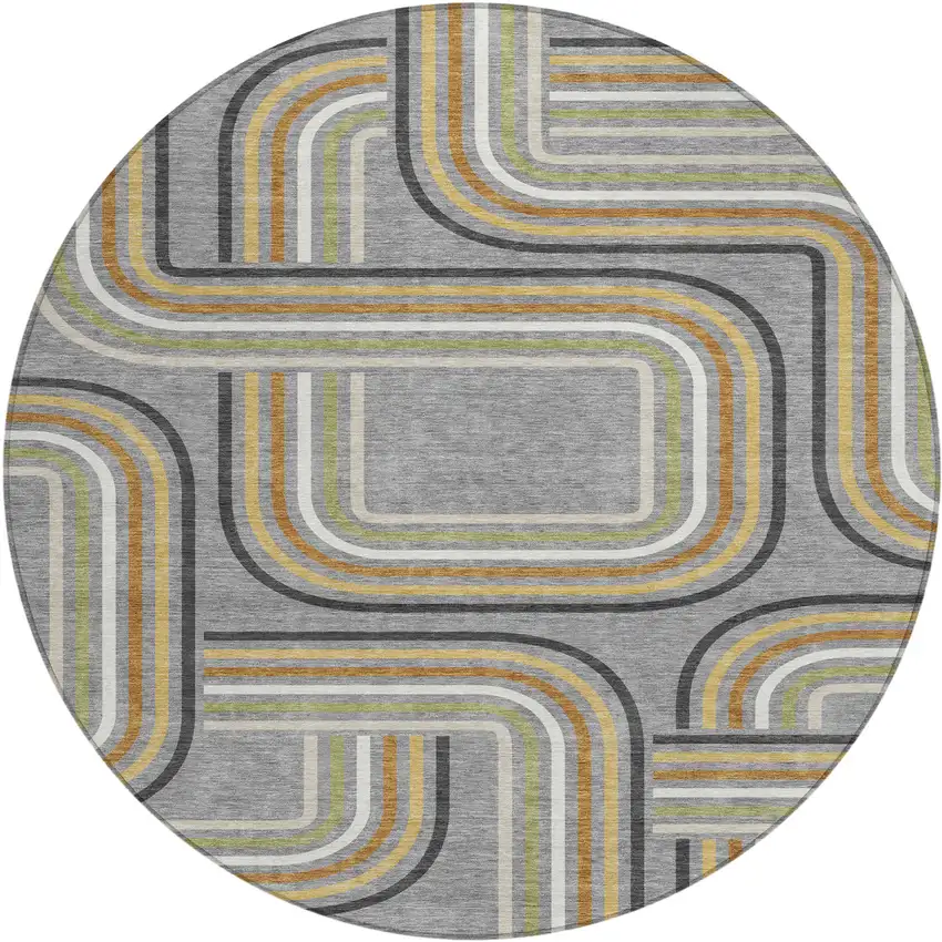 8' Gray And Silver Round Geometric Washable Indoor Outdoor Area Rug Photo 2