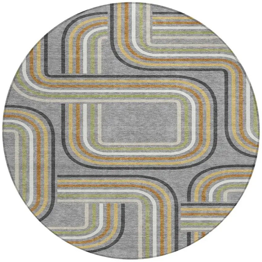 8' Gray And Silver Round Geometric Washable Indoor Outdoor Area Rug Photo 4