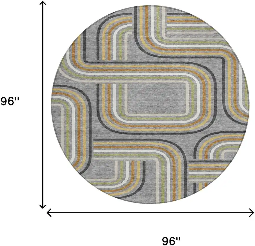 8' Gray And Silver Round Geometric Washable Indoor Outdoor Area Rug Photo 7