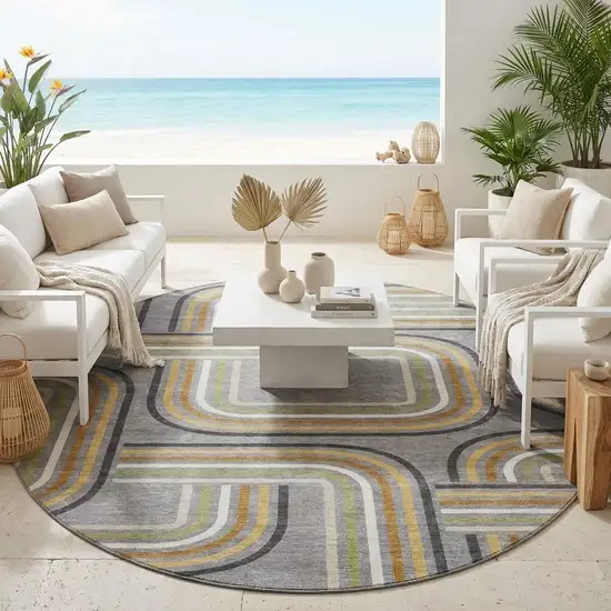 8' Gray And Silver Round Geometric Washable Indoor Outdoor Area Rug Photo 1