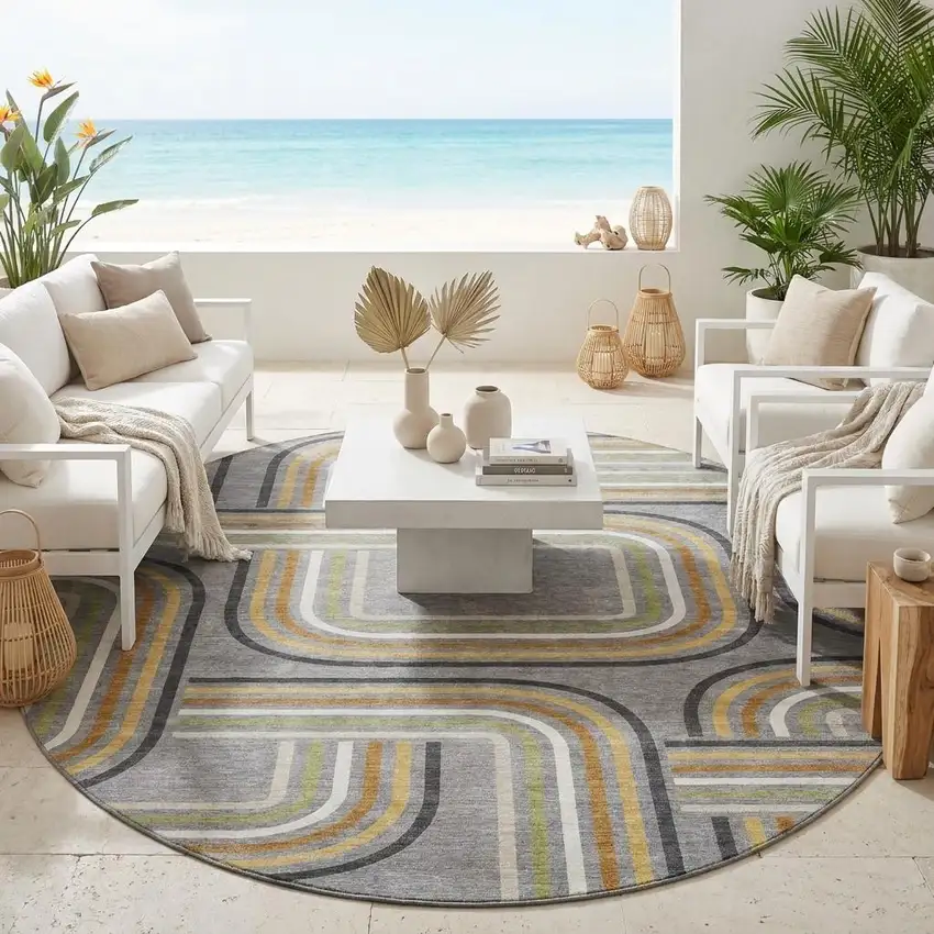8' Gray And Silver Round Geometric Washable Indoor Outdoor Area Rug Photo 1