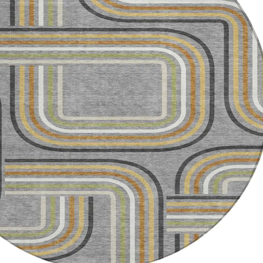 8' Gray And Silver Round Geometric Washable Indoor Outdoor Area Rug Photo 3