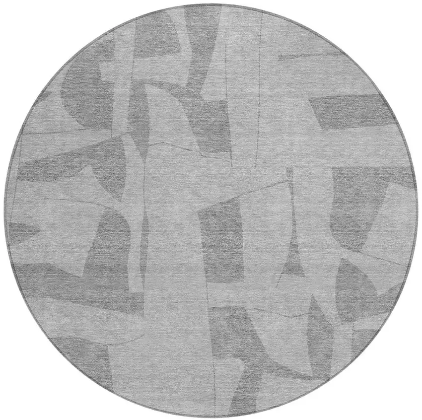 8' Gray And Silver Round Geometric Washable Indoor Outdoor Area Rug Photo 3