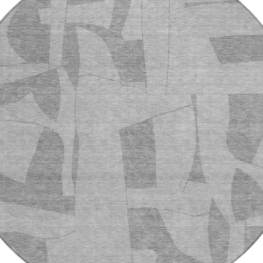 8' Gray And Silver Round Geometric Washable Indoor Outdoor Area Rug Photo 2