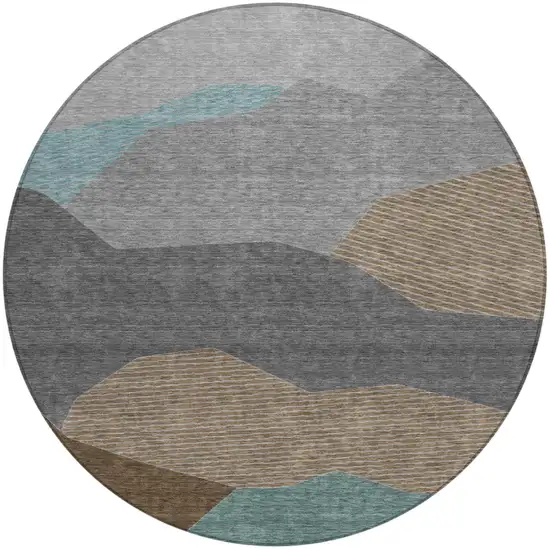 8' Gray And Silver Round Geometric Washable Indoor Outdoor Area Rug Photo 1