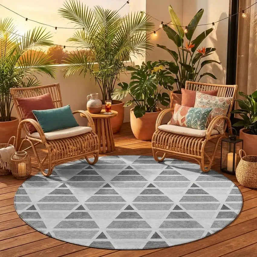 8' Gray And Silver Round Geometric Washable Indoor Outdoor Area Rug Photo 1