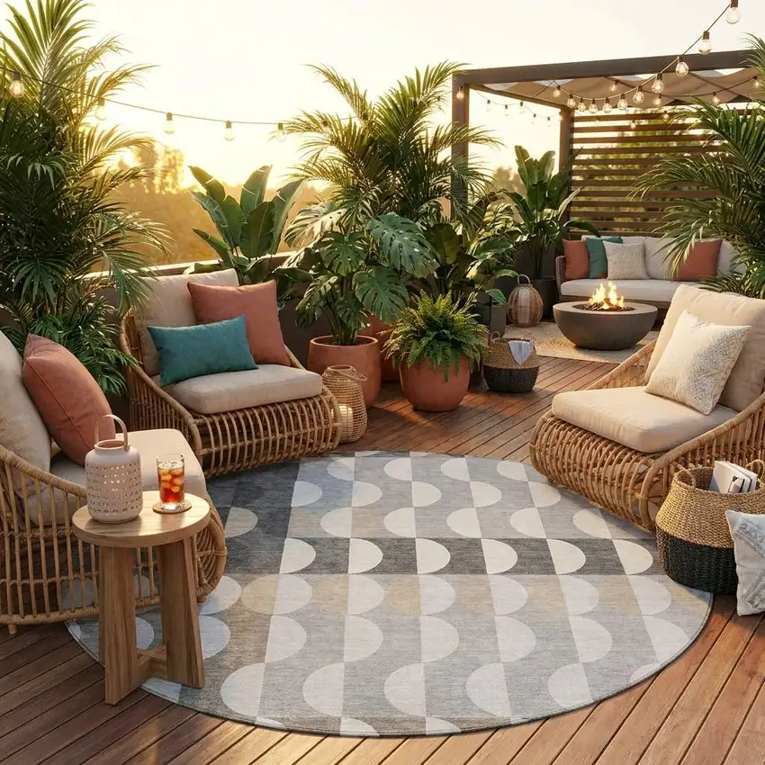 8' Gray And Silver Round Geometric Washable Indoor Outdoor Area Rug Photo 1