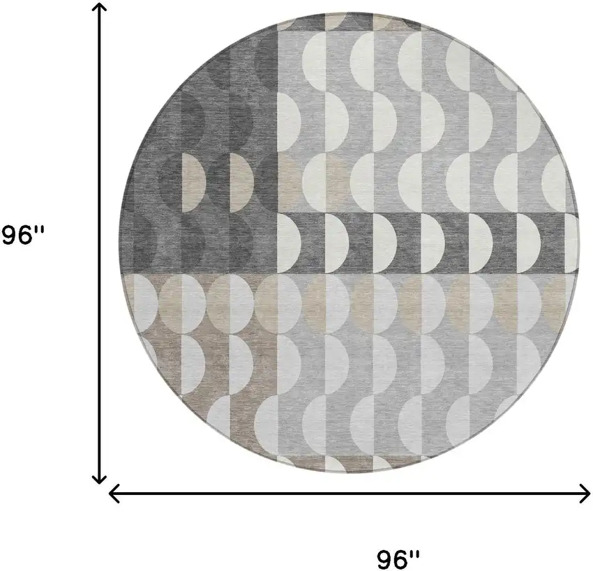 8' Gray And Silver Round Geometric Washable Indoor Outdoor Area Rug Photo 5