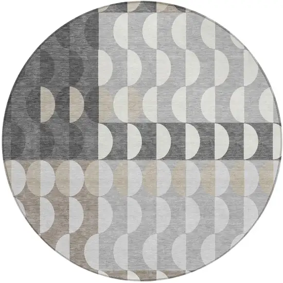 8' Gray And Silver Round Geometric Washable Indoor Outdoor Area Rug Photo 2