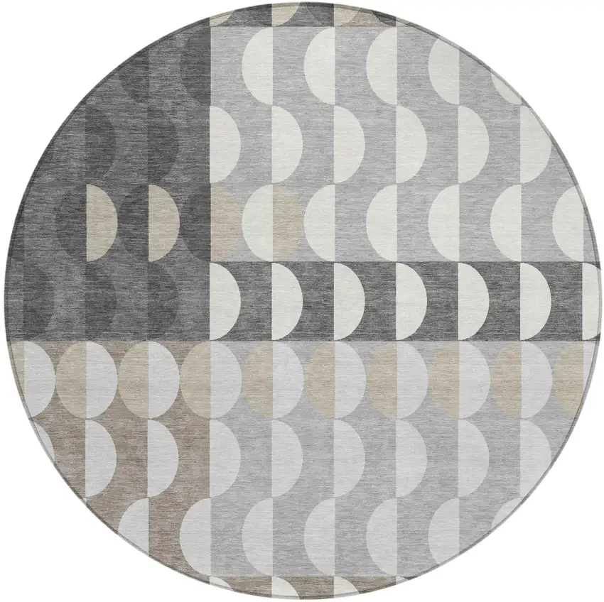 8' Gray And Silver Round Geometric Washable Indoor Outdoor Area Rug Photo 2