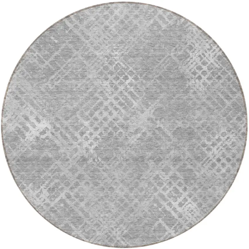 8' Gray And Silver Round Geometric Washable Indoor Outdoor Area Rug Photo 5