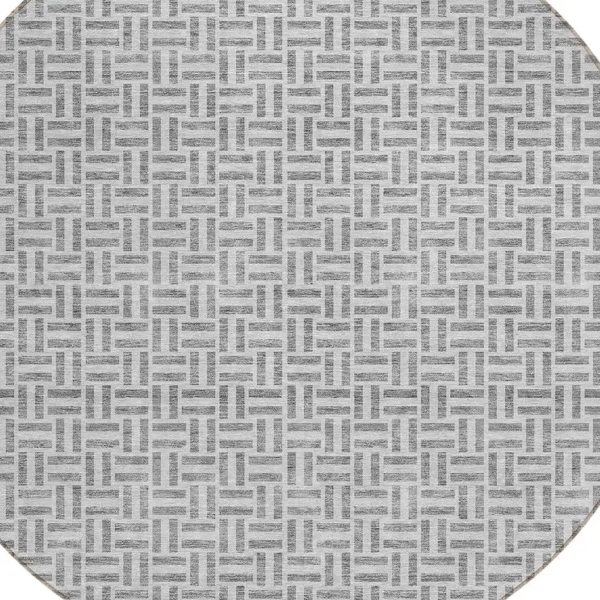 8' Gray And Silver Round Geometric Washable Indoor Outdoor Area Rug Photo 4