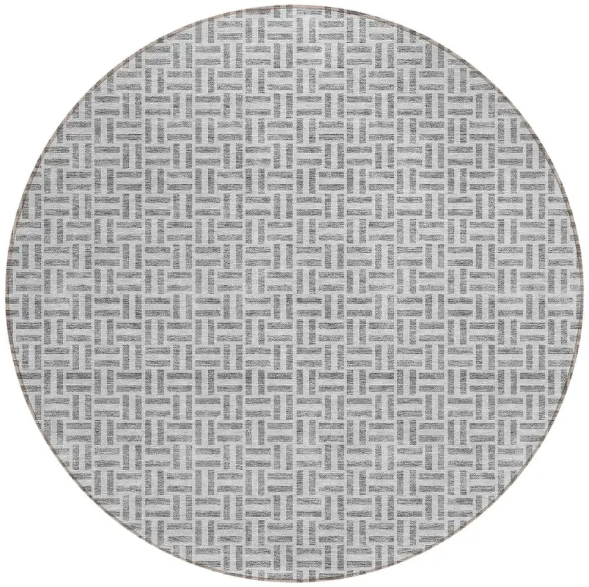 8' Gray And Silver Round Geometric Washable Indoor Outdoor Area Rug Photo 5