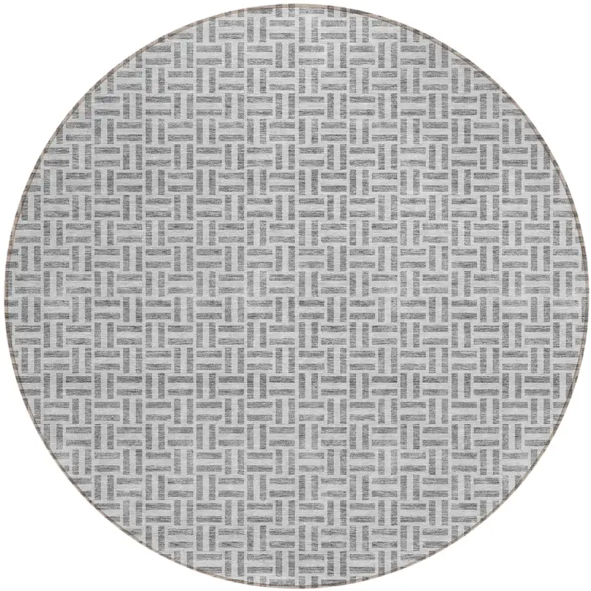 8' Gray And Silver Round Geometric Washable Indoor Outdoor Area Rug Photo 2