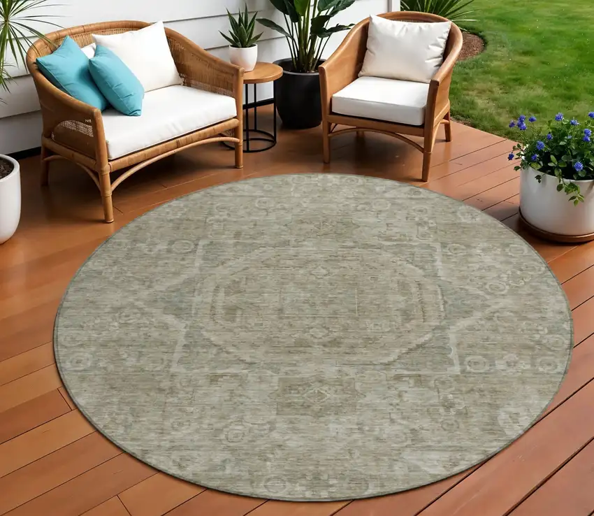 8' Gray And Silver Round Medallion Washable Indoor Outdoor Area Rug Photo 2