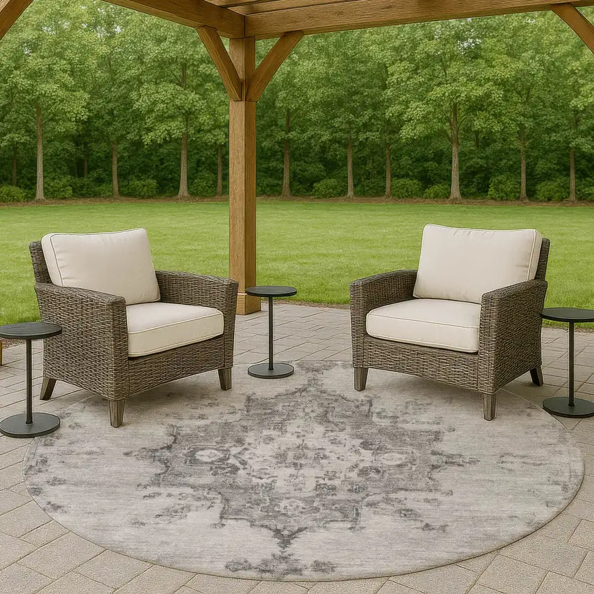 8' Gray And Silver Round Medallion Washable Indoor Outdoor Area Rug Photo 8
