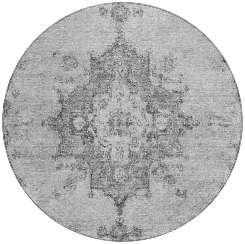 8' Gray And Silver Round Medallion Washable Indoor Outdoor Area Rug Photo 4
