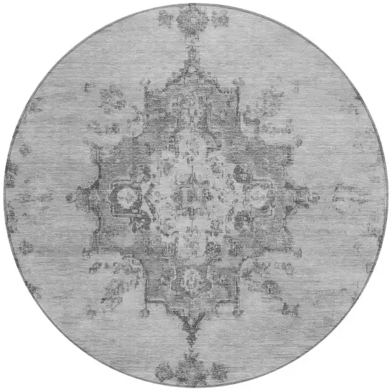 8' Gray And Silver Round Medallion Washable Indoor Outdoor Area Rug Photo 4