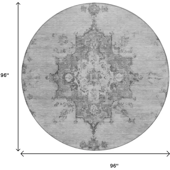 8' Gray And Silver Round Medallion Washable Indoor Outdoor Area Rug Photo 3