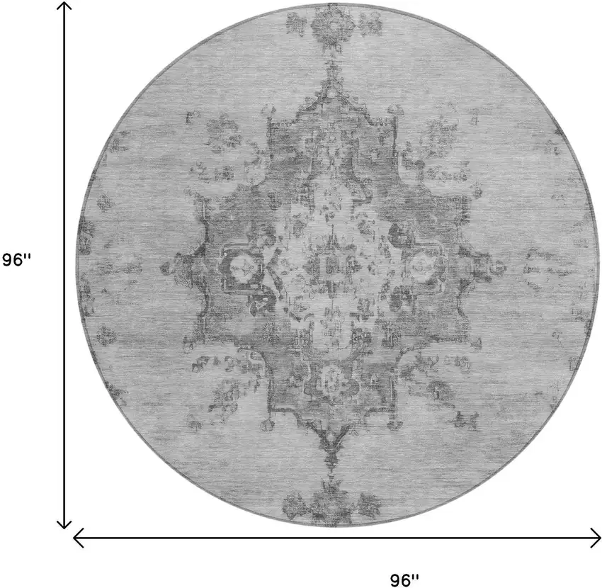 8' Gray And Silver Round Medallion Washable Indoor Outdoor Area Rug Photo 3