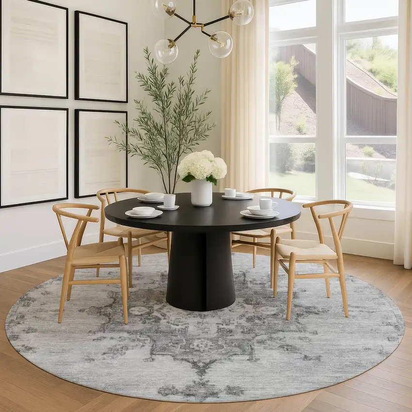 8' Gray And Silver Round Medallion Washable Indoor Outdoor Area Rug Photo 9