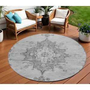 Photo of 8' Gray And Silver Round Medallion Washable Indoor Outdoor Area Rug