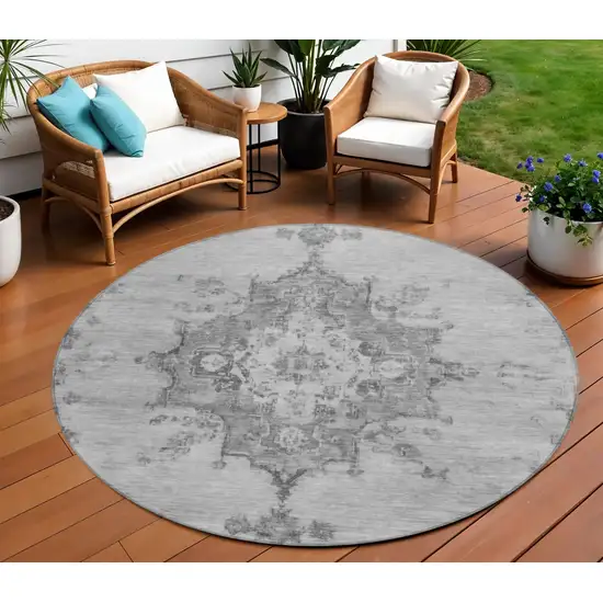 8' Gray And Silver Round Medallion Washable Indoor Outdoor Area Rug Photo 1