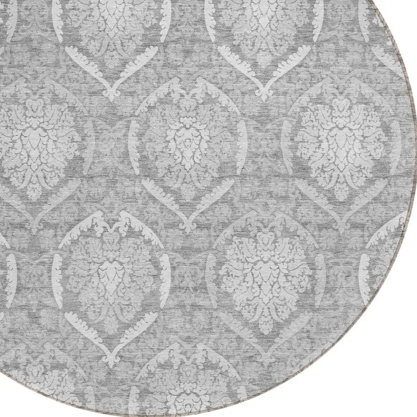 8' Gray And Silver Round Medallion Washable Indoor Outdoor Area Rug Photo 4