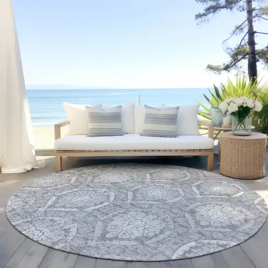 8' Gray And Silver Round Medallion Washable Indoor Outdoor Area Rug Photo 5