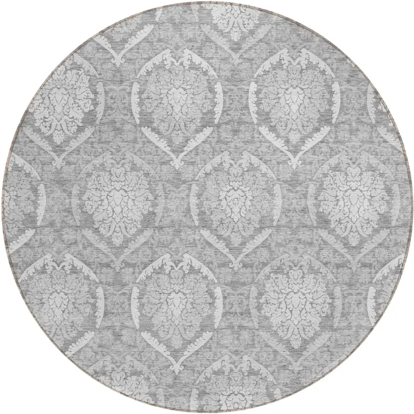 8' Gray And Silver Round Medallion Washable Indoor Outdoor Area Rug Photo 2