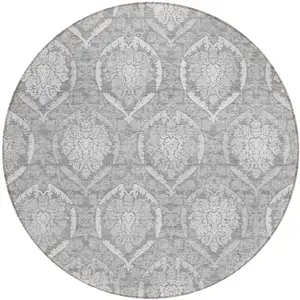 Photo of 8' Gray And Silver Round Medallion Washable Indoor Outdoor Area Rug