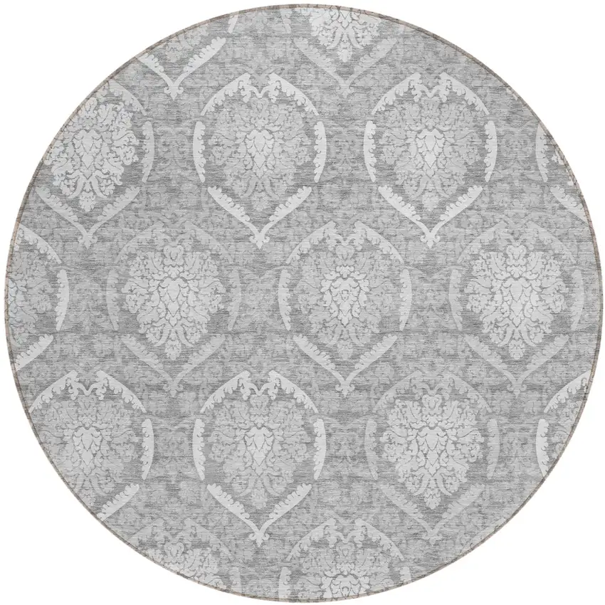 8' Gray And Silver Round Medallion Washable Indoor Outdoor Area Rug Photo 2