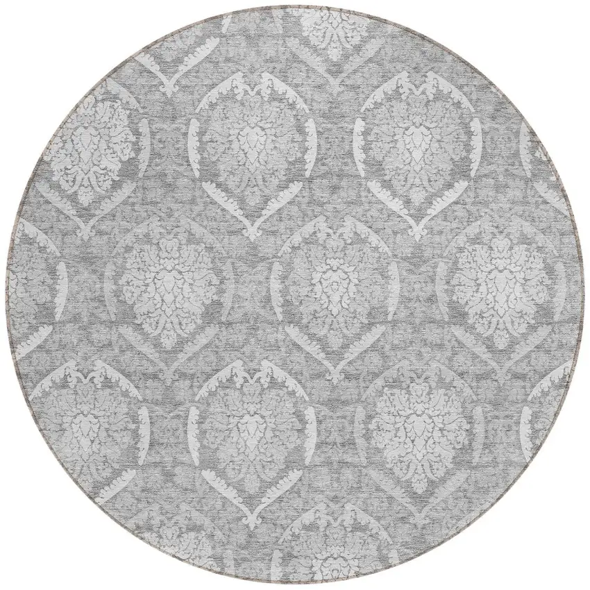 8' Gray And Silver Round Medallion Washable Indoor Outdoor Area Rug Photo 8