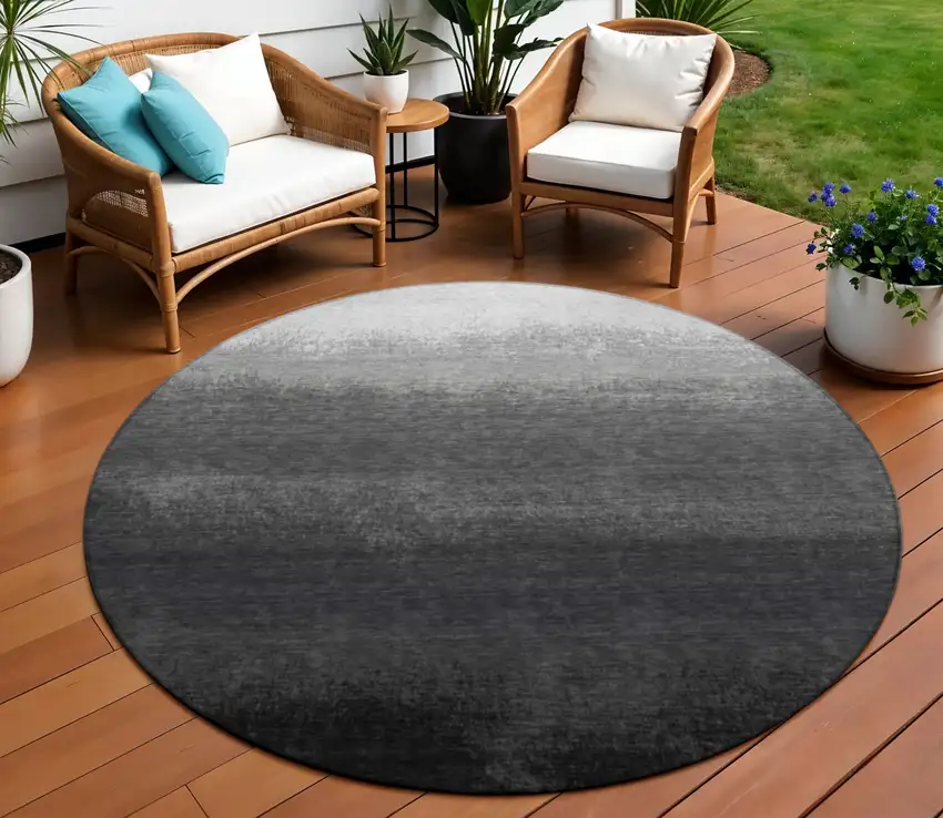 8' Gray And Silver Round Ombre Washable Indoor Outdoor Area Rug Photo 2