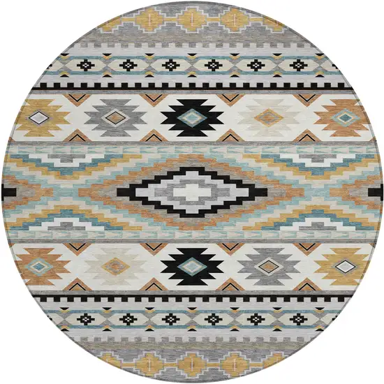 8' Gray And Silver Round Southwestern Washable Indoor Outdoor Area Rug Photo 6