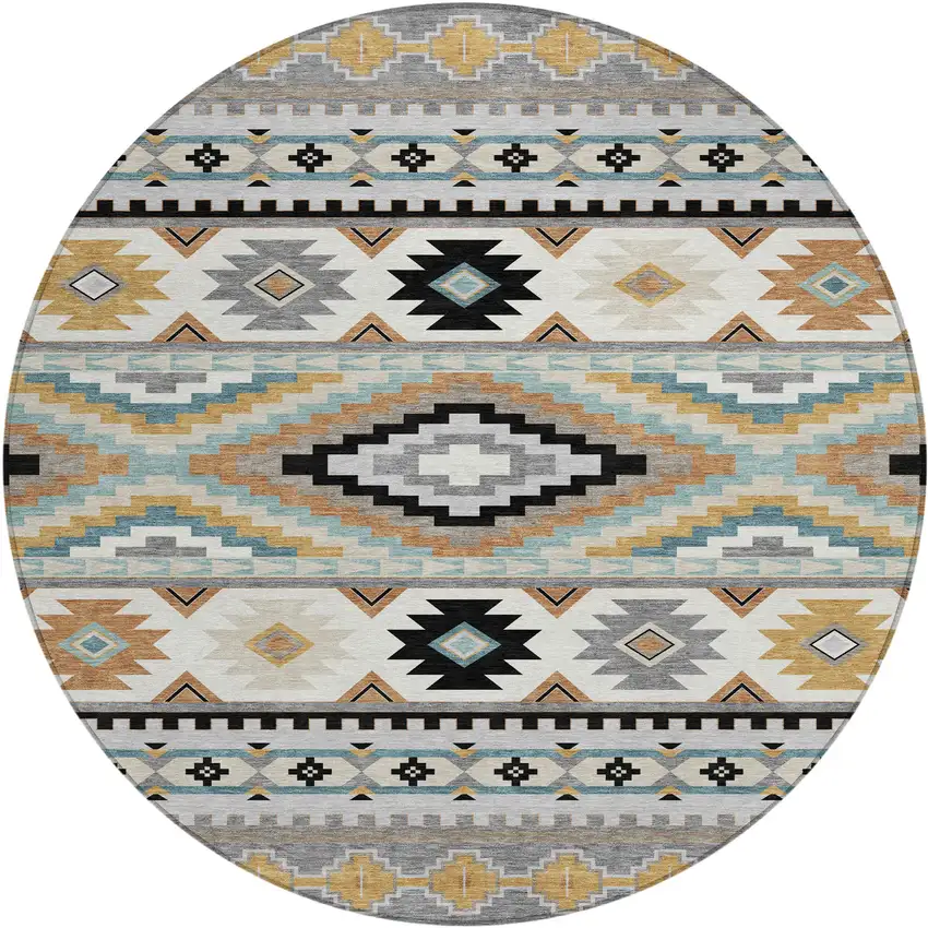 8' Gray And Silver Round Southwestern Washable Indoor Outdoor Area Rug Photo 6