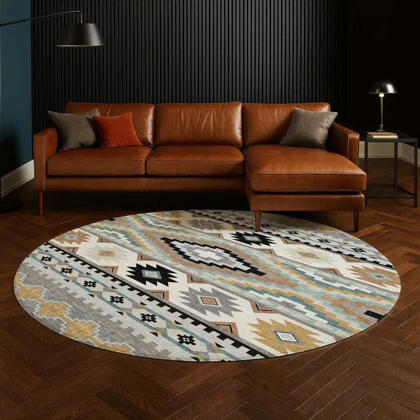8' Gray And Silver Round Southwestern Washable Indoor Outdoor Area Rug Photo 5
