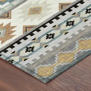 Photo of 8' Gray And Silver Round Southwestern Washable Indoor Outdoor Area Rug